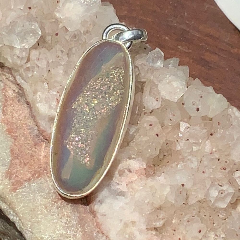 TITANIUM OPALITE AGATE DRUZY 925 STERLING SILVER PENDANT